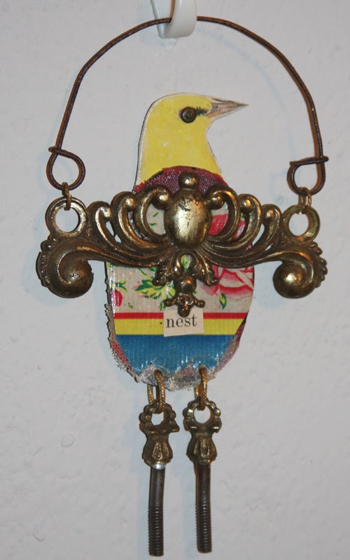 SALE- Assemblage Art NEST BIRD with Vintage Hardware Wings