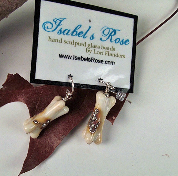 encrusted bone earrings, lampwork glass and fine silver