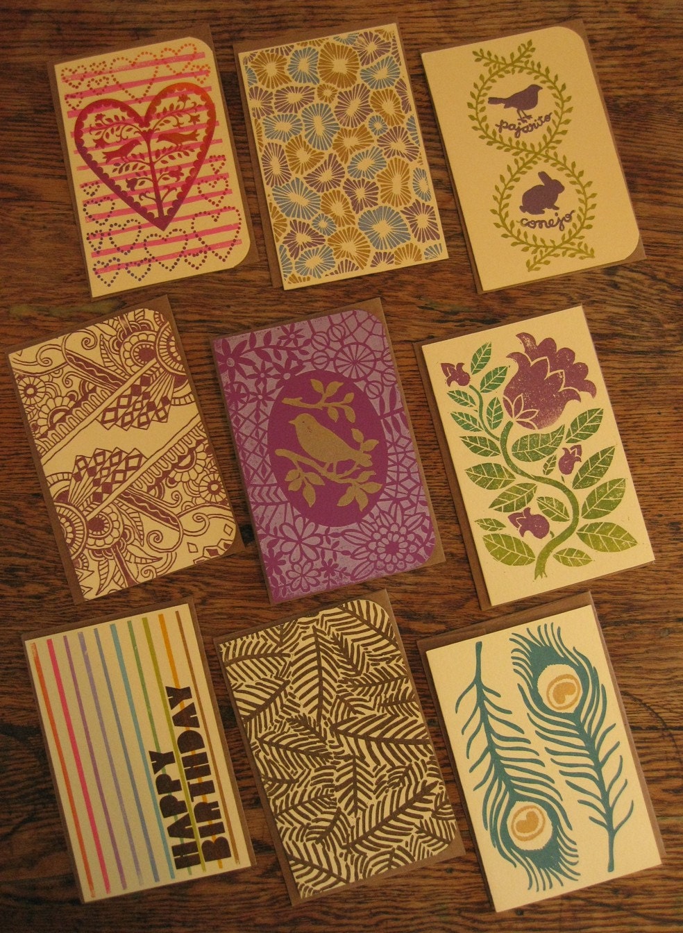set of nine hand-printed cards, Fern assortment