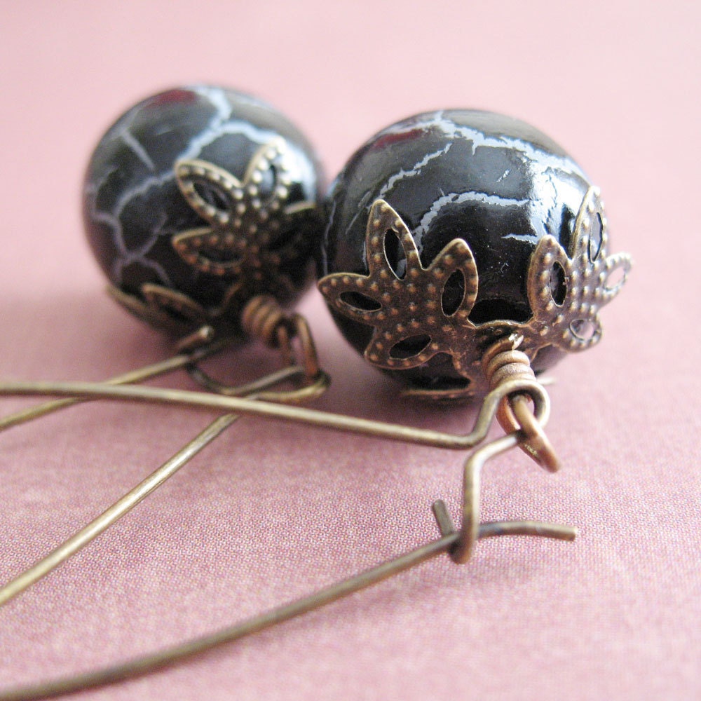Black Wood Beaded Long Dangle Earrings - Charlotte Sometimes