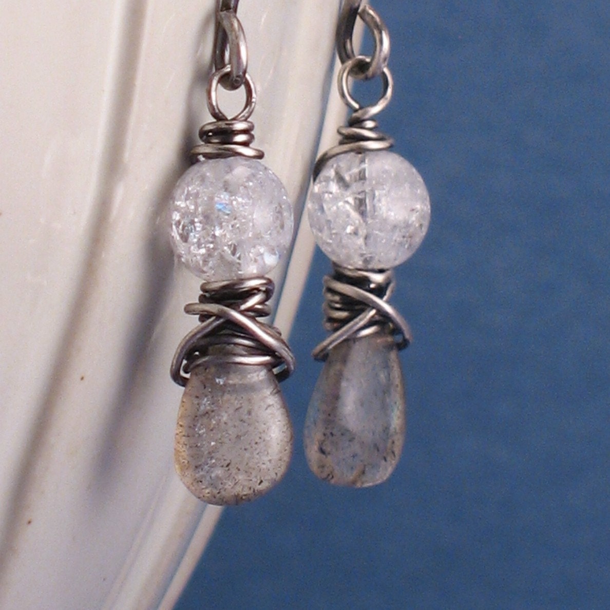 Viking Girl - Labradorite Earrings with Crystal Quartz on Oxidized Sterling Silver