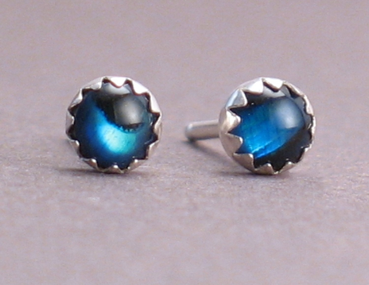 Little Lagoons - Blue Paua Shell Stud Earrings with 4mm Gemstones on Sterling Silver Bezel - Posts For Men and Women