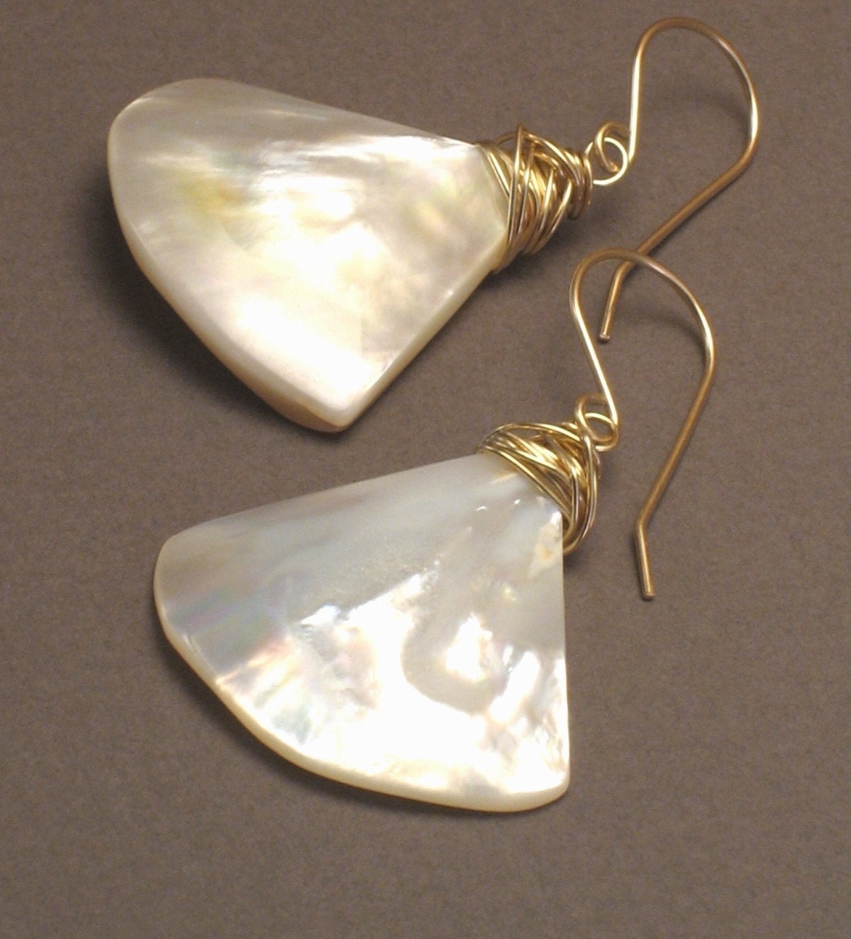 Oceana Gold - Mother of Pearl Fan Earrings - Modern  Shell Shape on 14k Goldfill