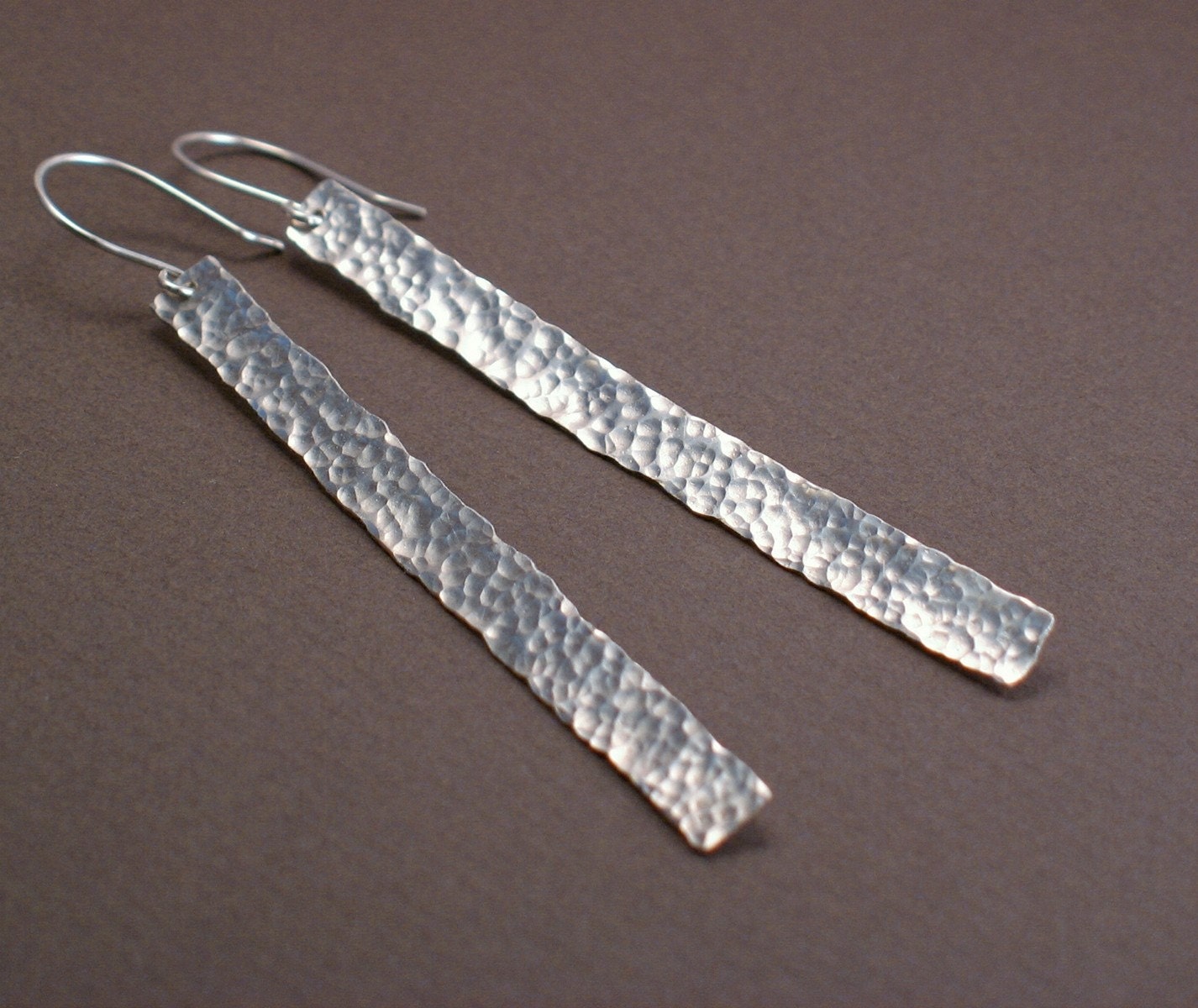 Jamie- Long Hammered Bar Silver Earrings - Shoulder Dusters