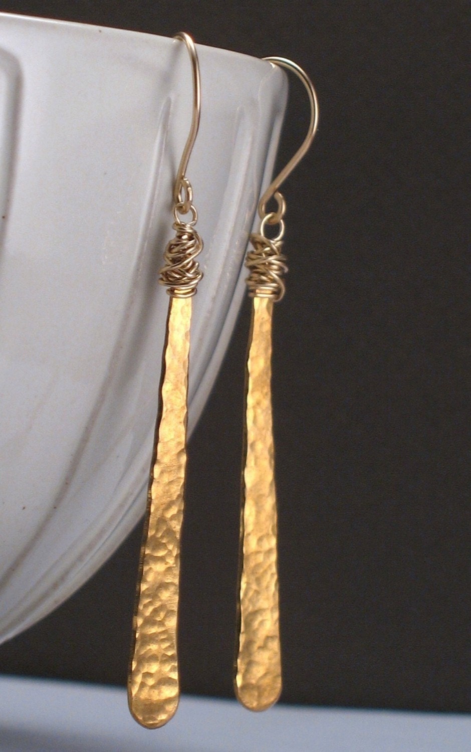 Thora - Long Hammered Brass Earrings with 14k Goldfill