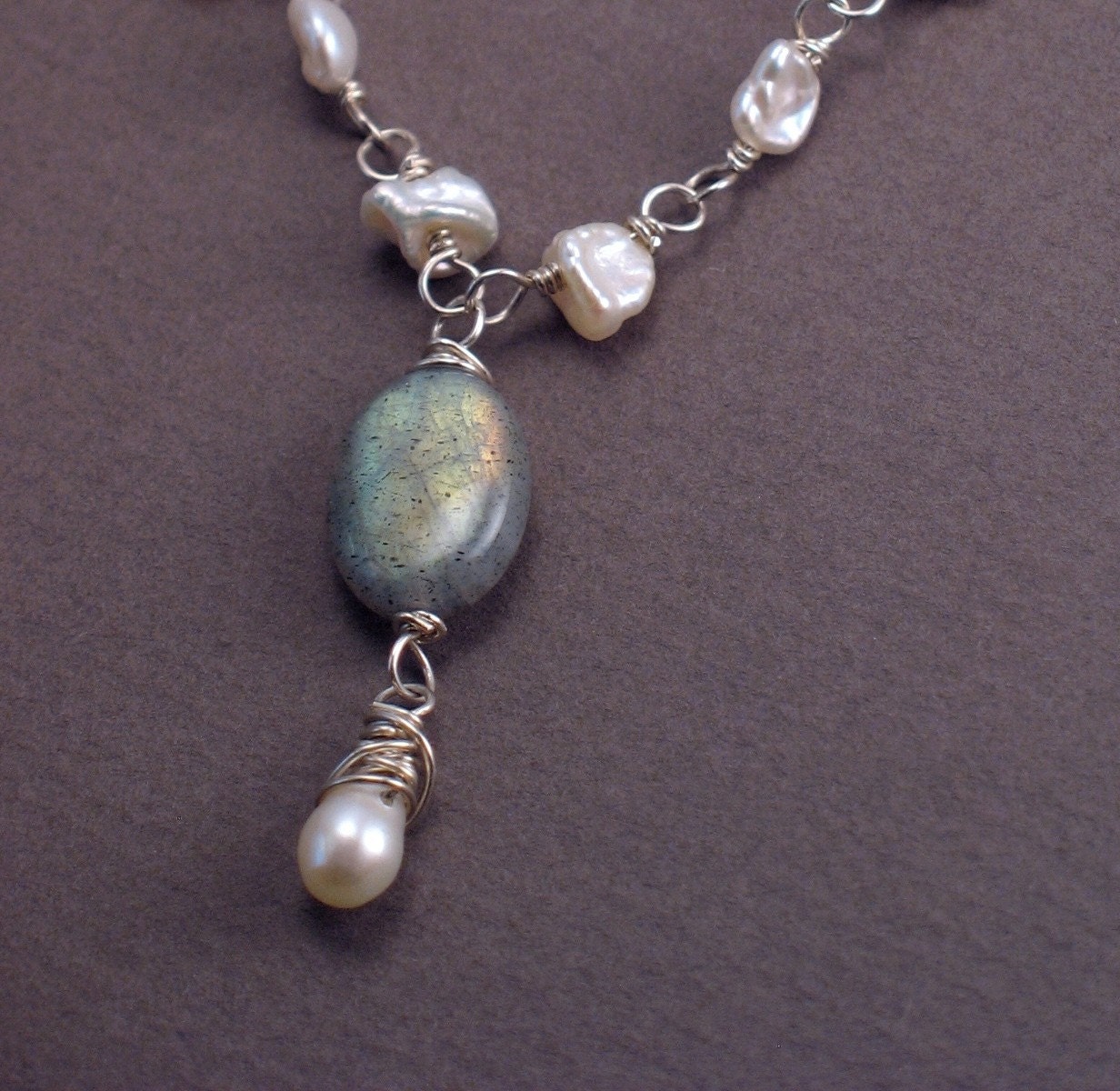 Victoria Necklace - Labradorite and Pearls - Ivory Baroque Pearls on Sterling Silver