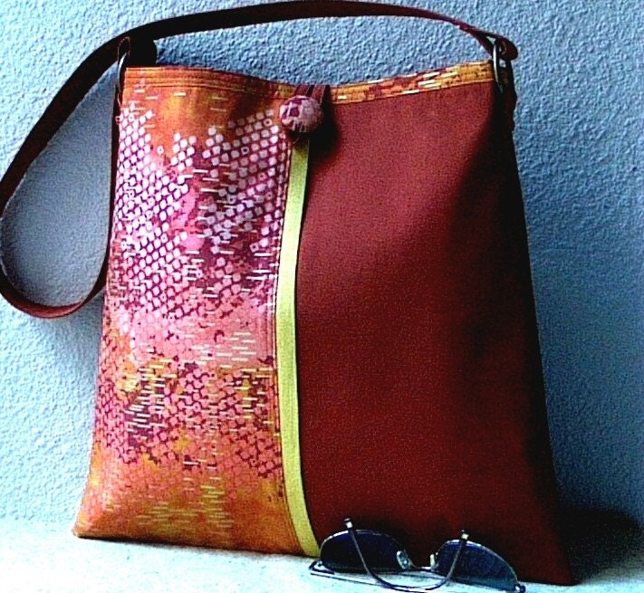 Medium fabric purse, handmade A-Line shoulder bag, sunset colors, brick red