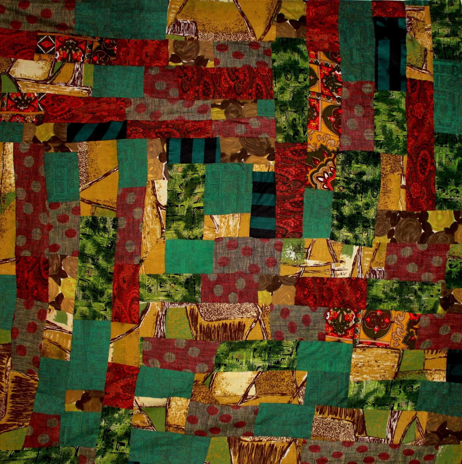 hand sewn quilt of vintage linens rayons cottons in vegetable colors-lightweight and cool