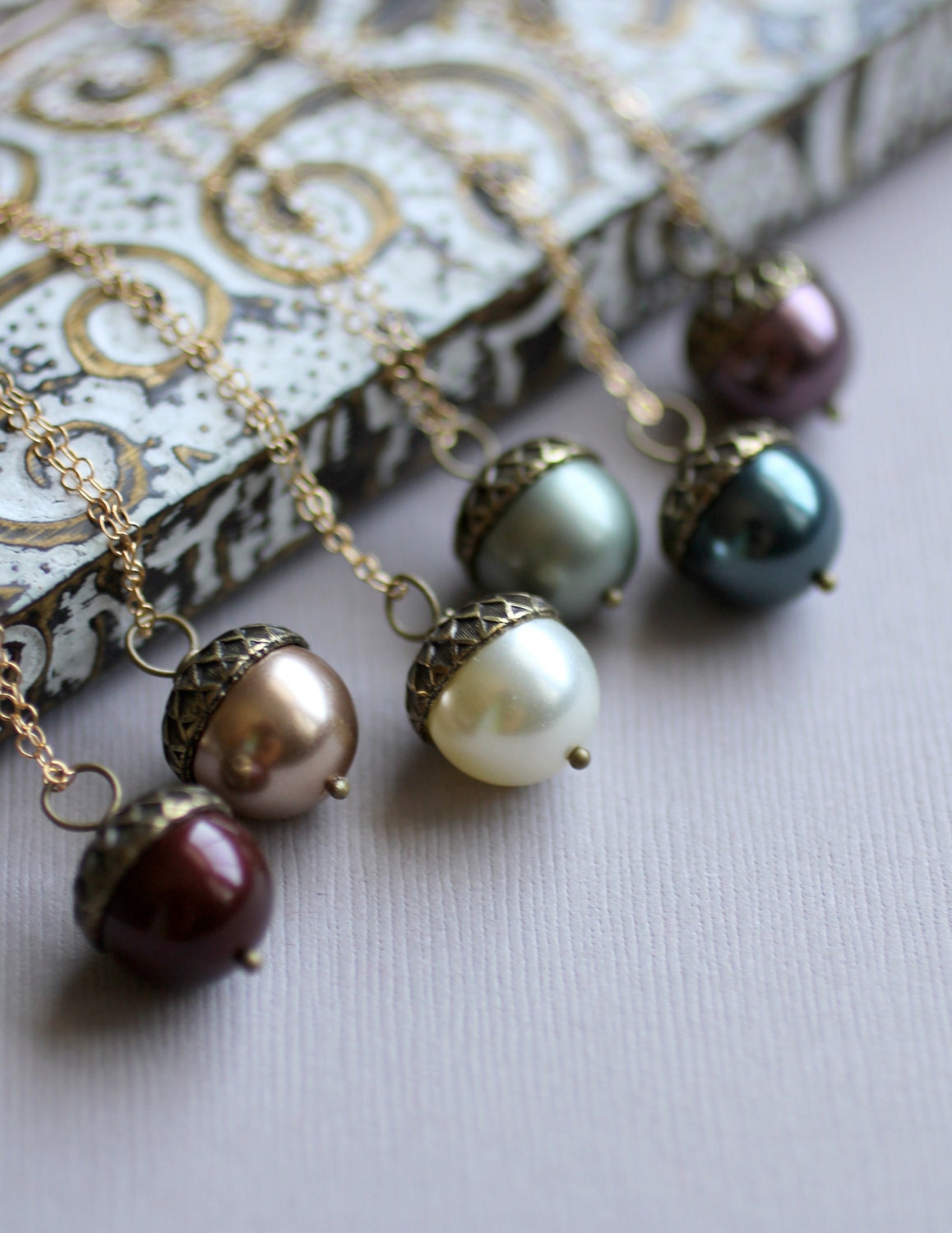 Bridesmaid GIFT SET - Pearl Acorn Necklaces, Set of FOUR, Custom Color on 14k gold fill - Autumn Fall Wedding Jewelry