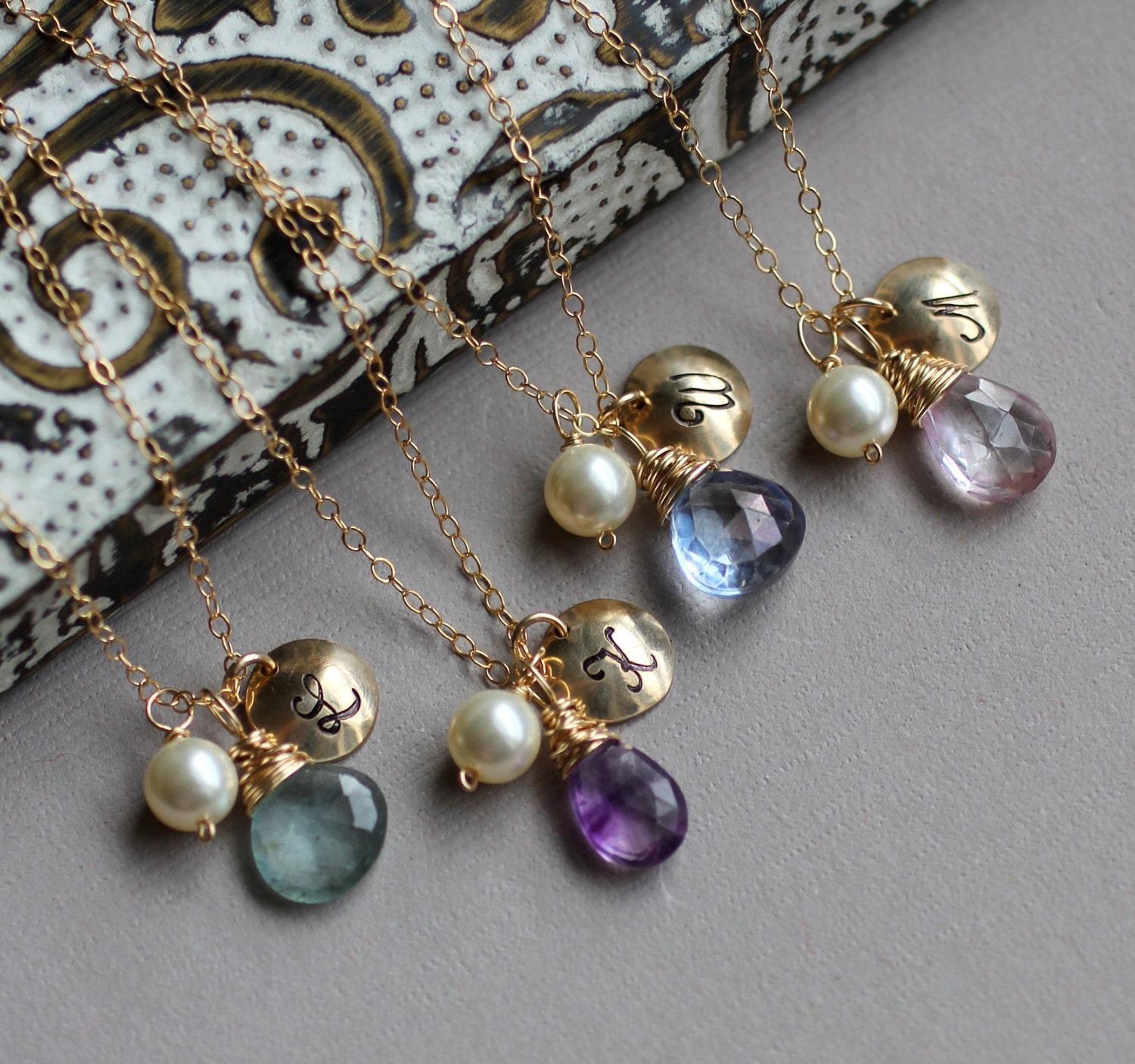 Bridesmaids Necklaces GIFT SET of FOUR - Monogram Initial, Personalized Custom Stone, Pearl, 14k gold fill, Wedding Jewelry, Bridesmaid Gift