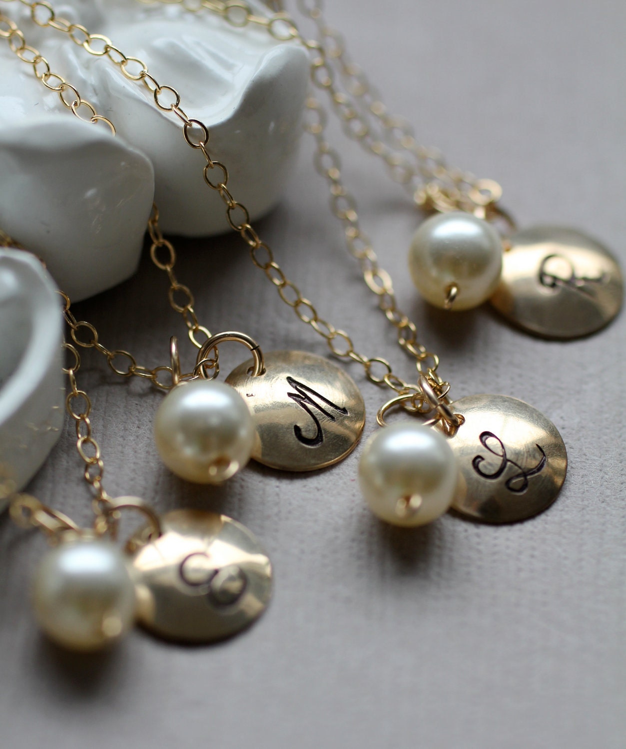 Bridesmaid GIFT Set of FOUR Personalized Pearl Necklaces, Custom Monogram Initial Charm with Pearl, 14K gold fill, Bridal Party Jewelry