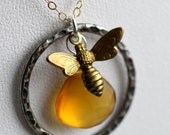 Honey Bee Necklace, Eternity Necklace, Honey Chalcedony Gemstone, Gold Bee Charm on 14k gold fill chain, Circle Pendant Necklace