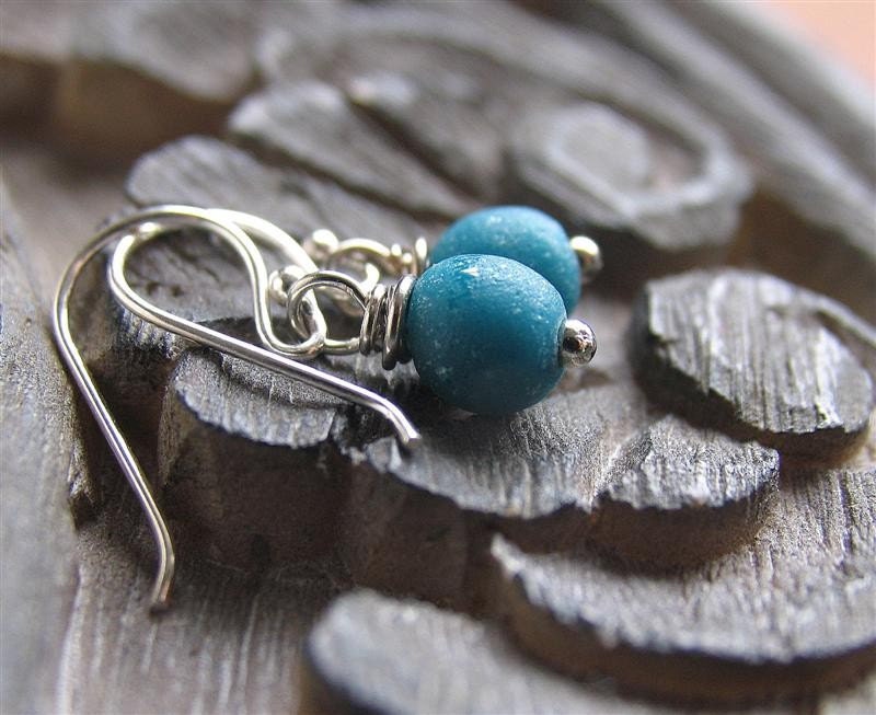 Recycled African glass Earrings - Blue Cerulean on Sterling Silver - Small drop, Everyday Earrings