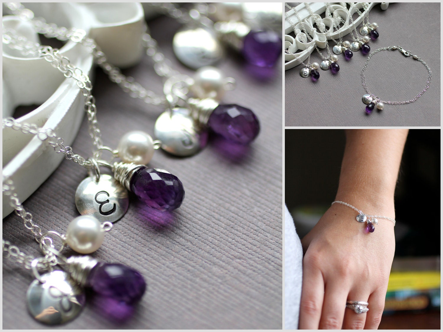 Bridesmaid GIFT SET of SIX Personalized Bracelets, Gemstone and Initial Bracelets, Custom Birthstone, Monogram Charm, Bridal Party Jewelry
