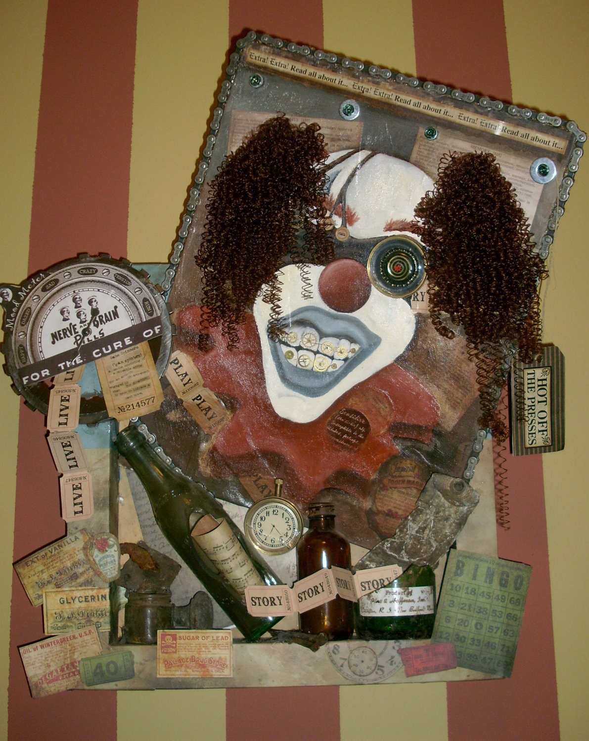 Mixed Media Original Oil Painting of Steampunk Clown collage