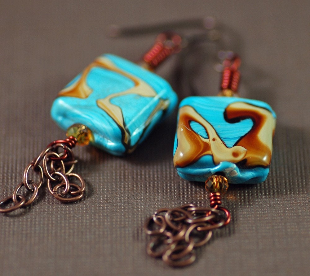 Turquoise and Brown Swirl Glass on Copper Earrings