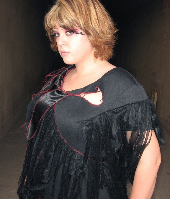 Zombie BLOODY Zombie -- Black red & satin tatters  - 14 Plus Size 16 Zombie Dress upcycled clothing Adult Halloween Costume Custom