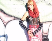 Stripe Arm warmers - Metallic silver & Black knit Opera length Gauntlet Sleeves Steampunk armwarmers Cirque Burlesque Goth accessories