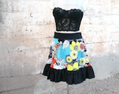 XL Flower Power Skirt  - Aqua and black vintage 1960s fabric skirt retro plus size ruffle clothing spring fashion summer skirt