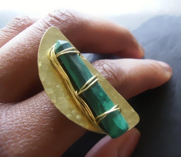 Malachite and Hammered Brass Ring - Adjustable OOAK