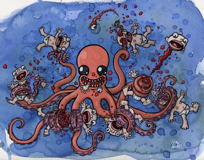 Octo-Nom 11 x 14 Archival Print Octopus Eating Babies