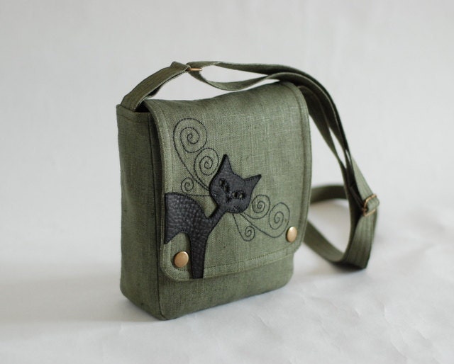 Small linen messenger bag - khaki green - leather cat applique