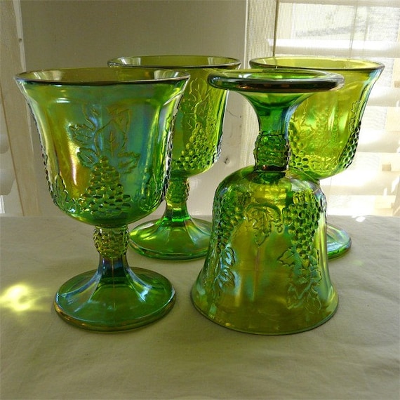 Gorgeous Vintage Green Carnival Glass Goblets By Tandemantiques 8891