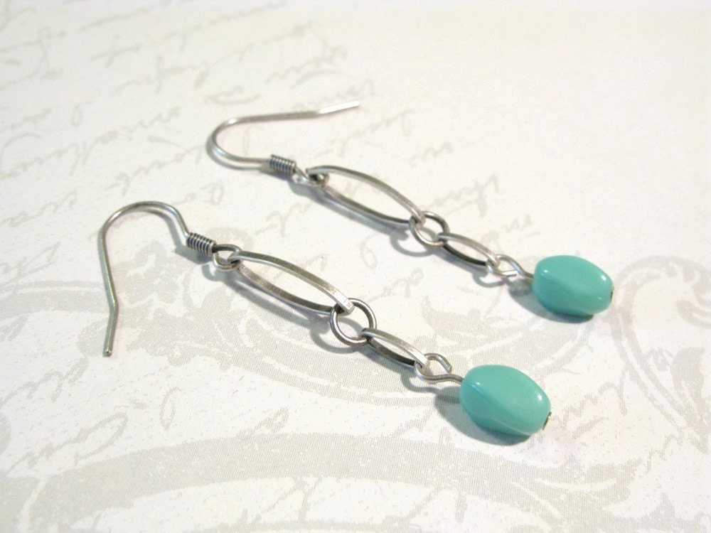 Long Turquoise Matt Silver Earrings