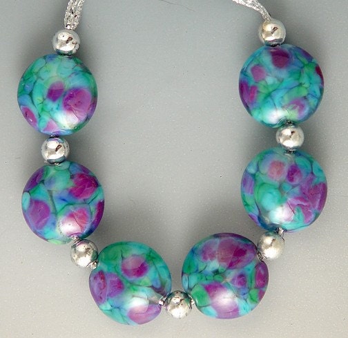 Mottled Caneel Bay Lampwork Lentil Beads (6) 15mm