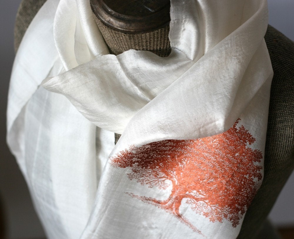 Oak Tree silk scarf.  Hand-silkscreened woven silk scarf. Choose copper/black or copper & cream.