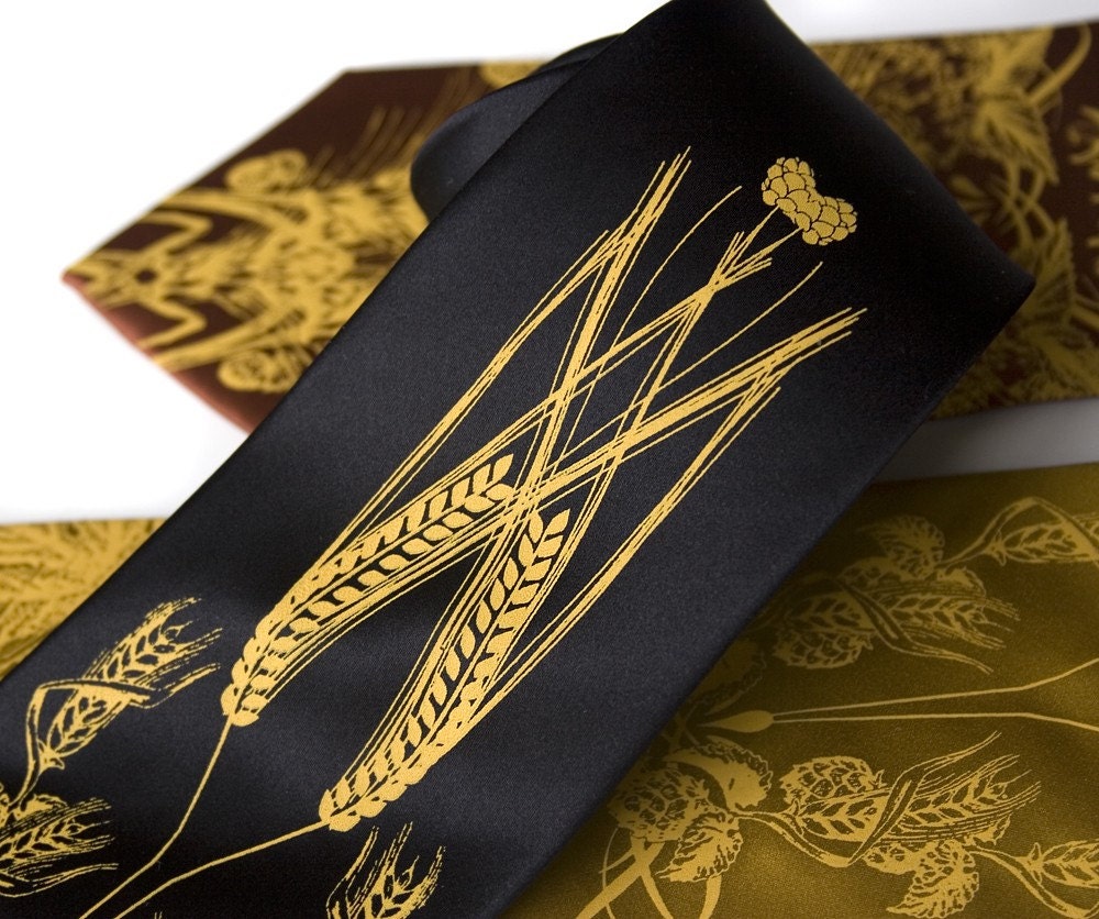Beer silk necktie. Hops, barley and wheat men's tie. Silkscreened mustard yellow ink.
