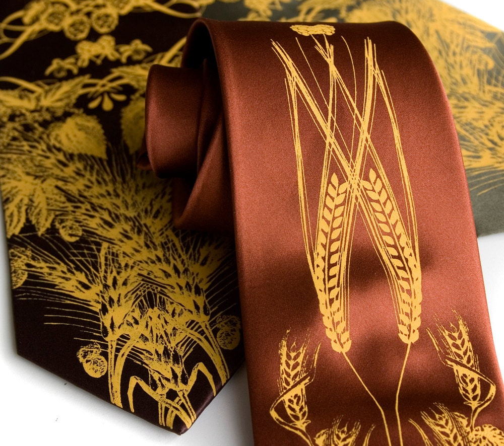 Beer tie. Hops, barley and wheat men's necktie. Silkscreened mustard yellow ink. Microfiber. Choose width and color.