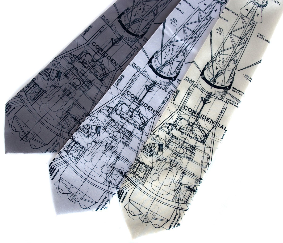 Rocket blueprint necktie, Mercury spacecraft. "Rocket Science II" men's tie. Navy screen print.