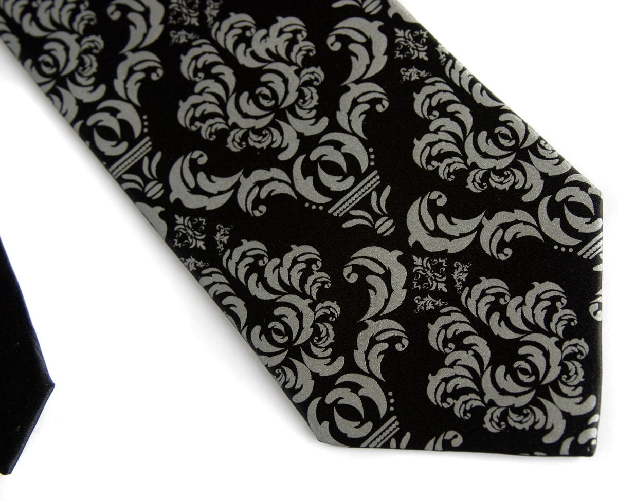 Black damask necktie. Silkscreened men's tie, dove gray print. Microfiber. Choose standard, narrow or skinny or XL.