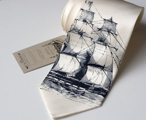 Clipper Ship silk necktie, navy ink on ivory tie. Silkscreen nautical print boat tie.