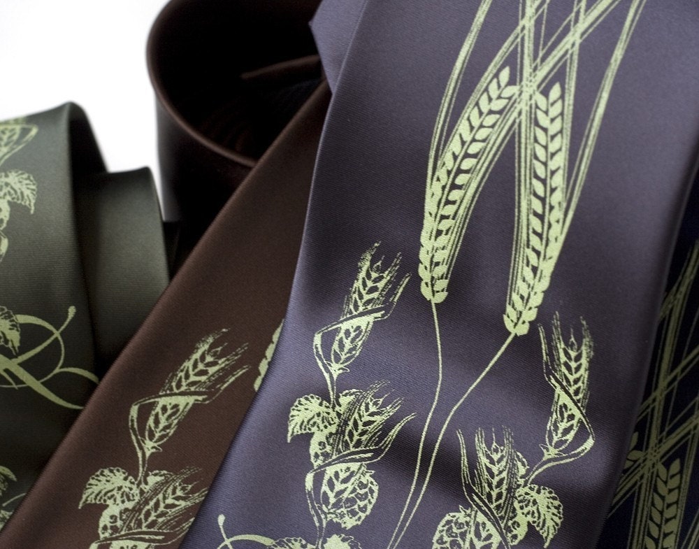 Beer. Hops, barley and wheat necktie. Apple green print. Silkscreen tie. Your choice of microfiber tie colors.