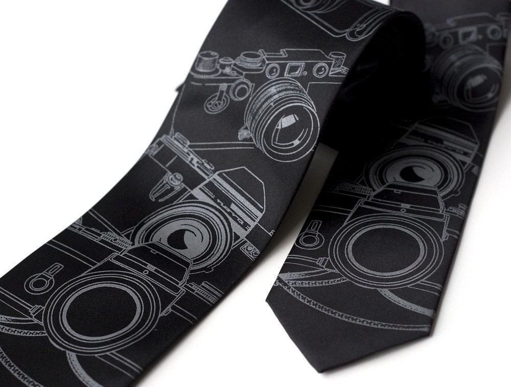 Vintage camera, screenprinted black microfiber necktie. Choose standard or narrow size.