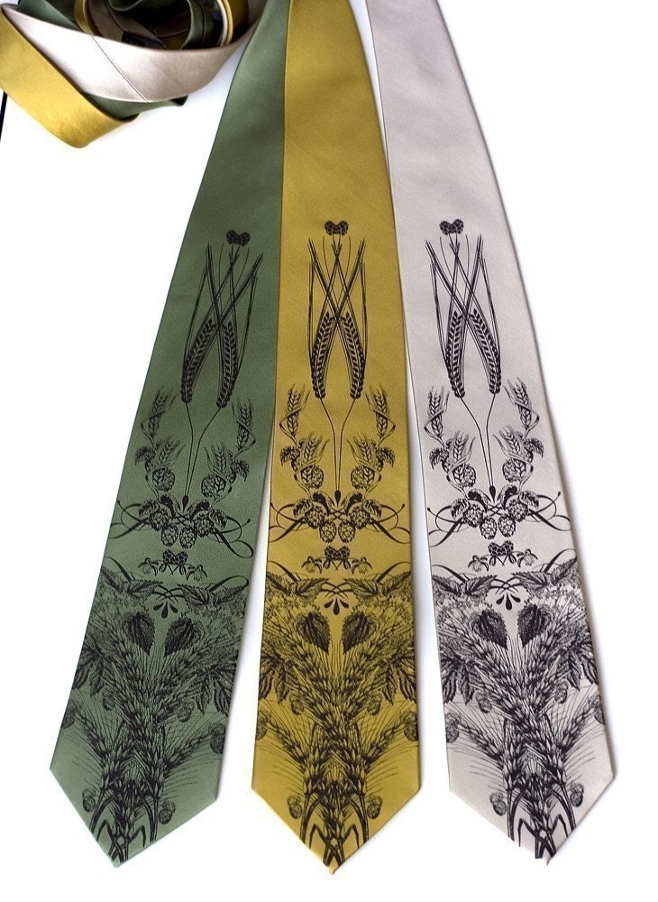 Beer silk tie with hops, barley and wheat. Silkscreen silk necktie. Espresso ink.