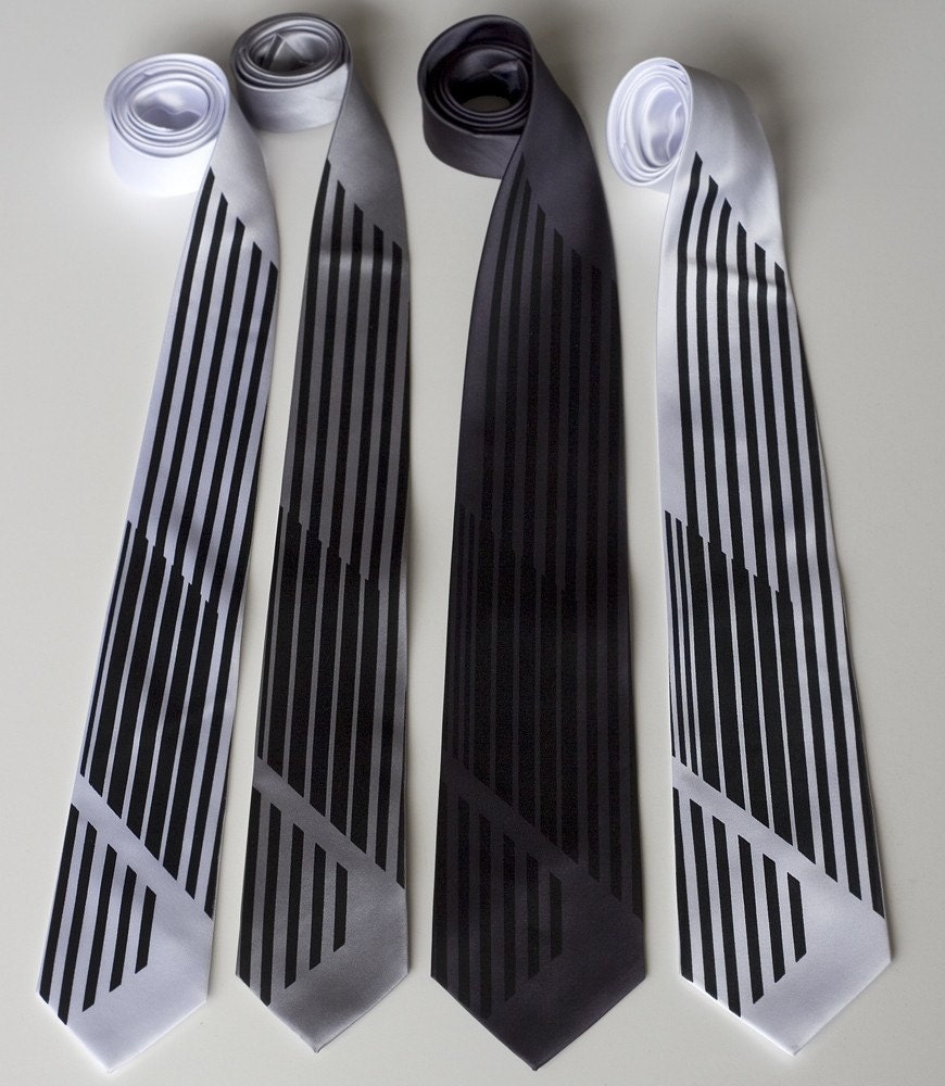 Mod silkscreen necktie. Broken black stripe tie. Choose standard, narrow or skinny width microfiber.
