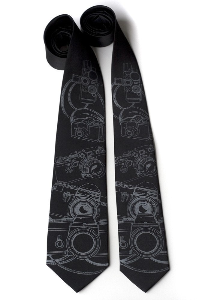 Vintage camera necktie. Screen printed men's black tie. Choose standard, narrow or skinny size. Microfiber tie.