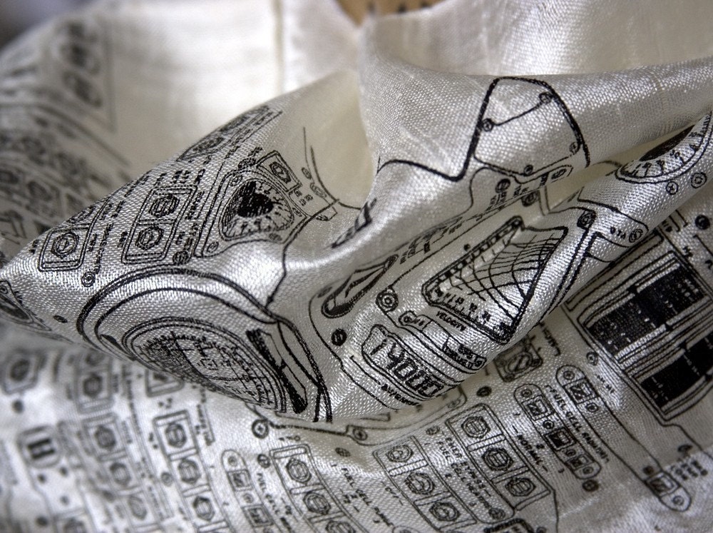 Rocket Science. Apollo cockpit scarf. Woven fair trade silk, silkscreened black on cream or silver.