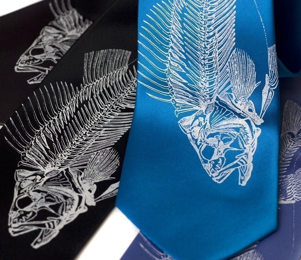 Fish Skeleton necktie. Fisherman's silkscreened microfiber tie.