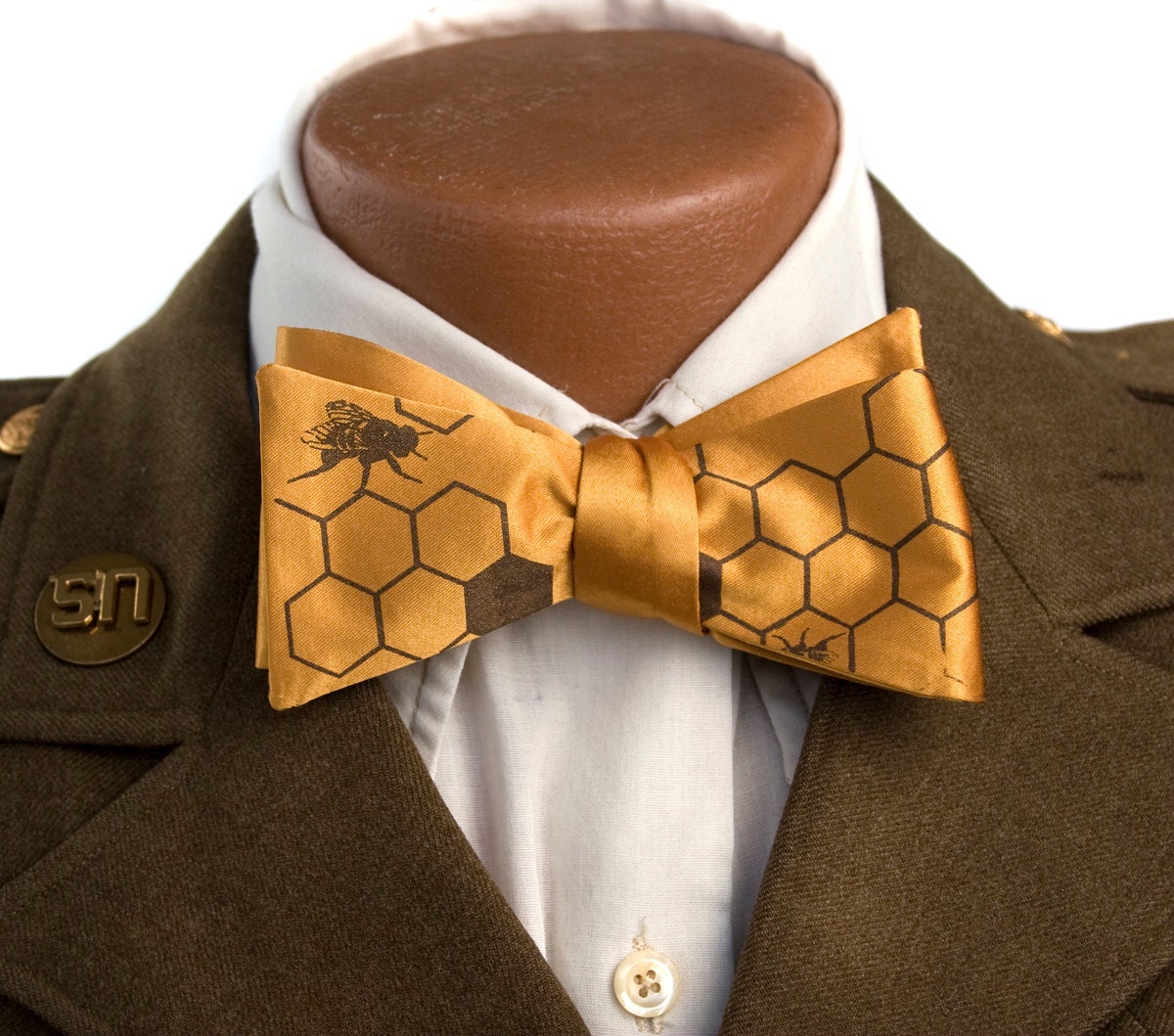 Oh Honey. Mustard yellow bow tie, self-tie. Silkscreened honeybees. Chocolate brown print.