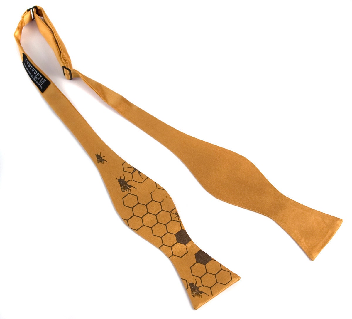 Oh Honey. Mustard yellow bow tie, self-tie. Silkscreened honeybees. Chocolate brown print.