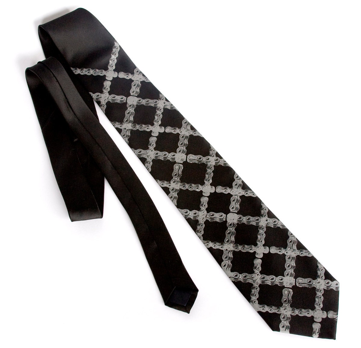 Tartan bicycle chain black necktie. Dove gray silkscreen print. Microfiber. Diamond bike chain tie. Choose standard, narrow or skinny.