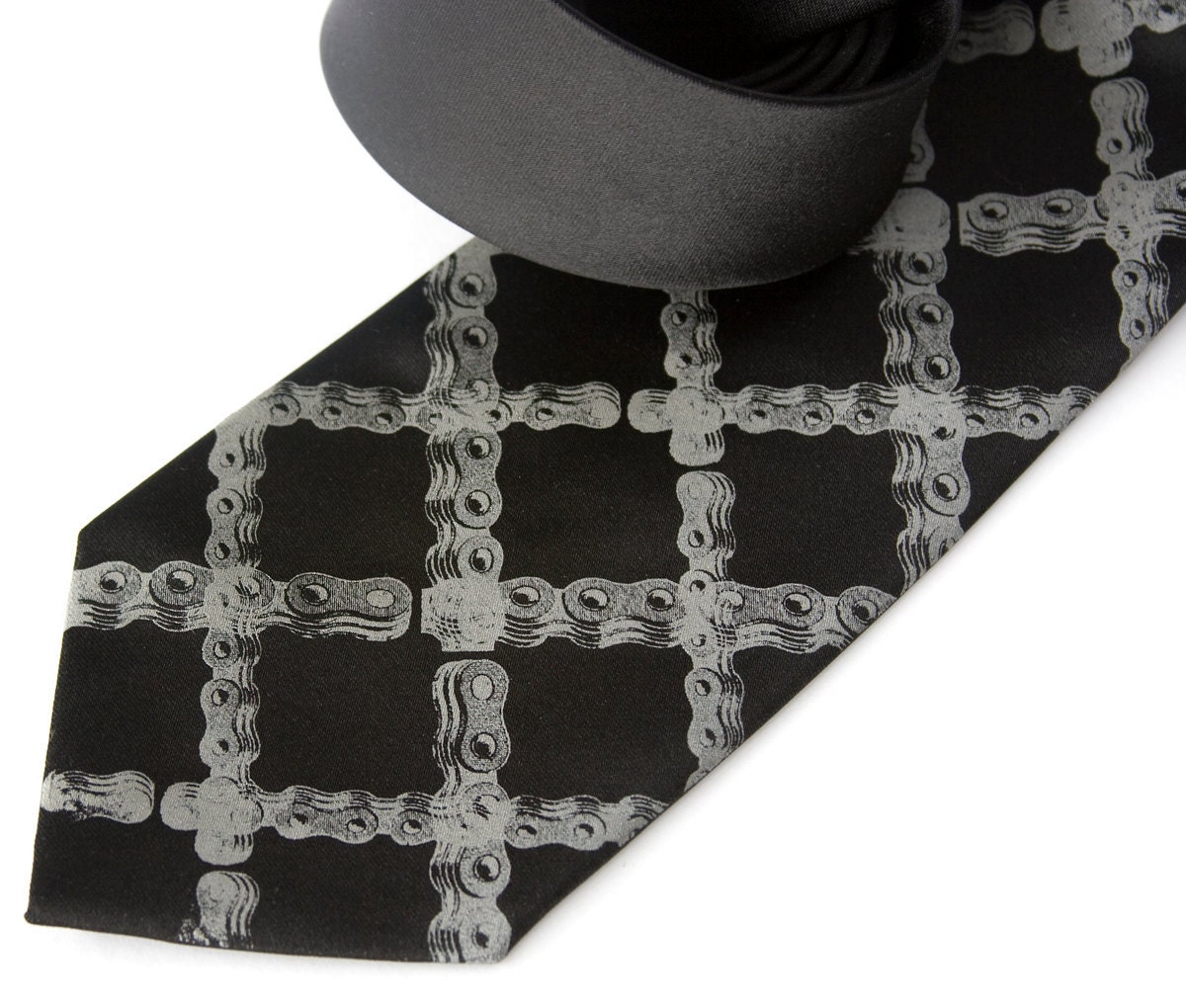 Tartan bicycle chain black necktie. Dove gray silkscreen print. Microfiber. Diamond bike chain tie. Choose standard, narrow or skinny.