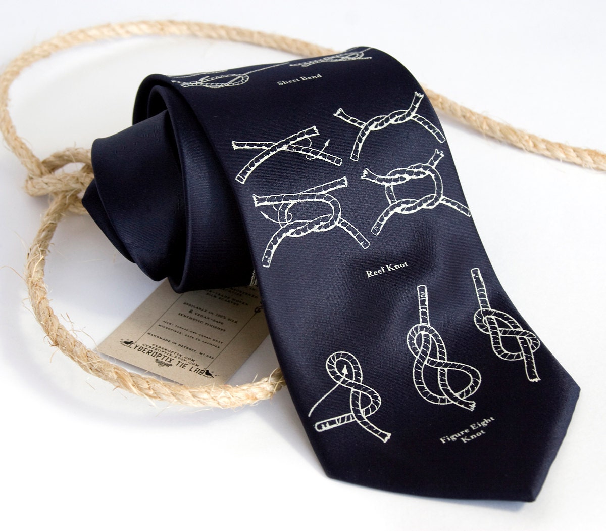 Navy blue "KNOTical" necktie. Sailor's knots nautical print. Microfiber. Tie the knot. Standard or narrow