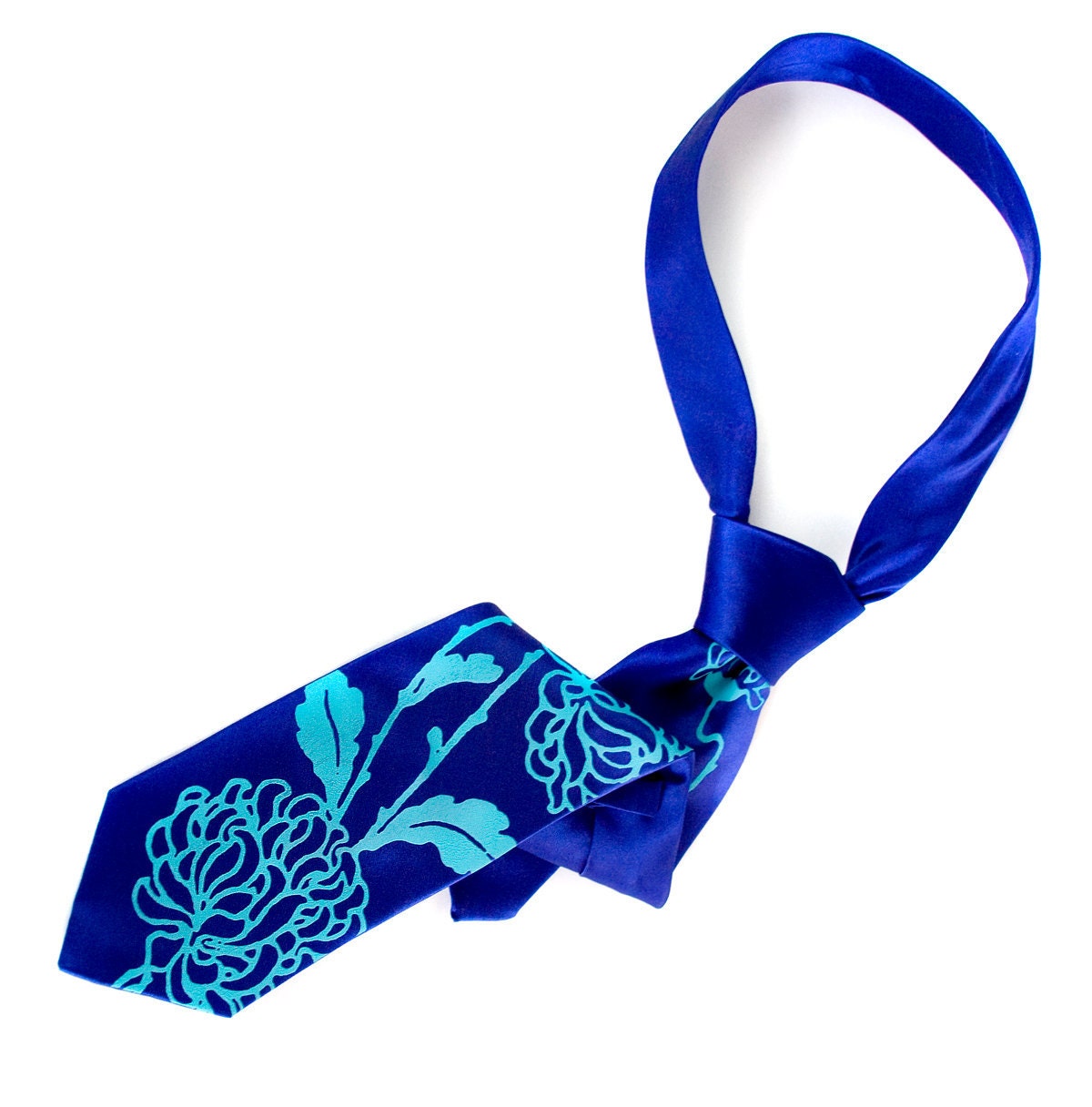 Chrysanthemum royal blue silk necktie. Silkscreen floral print / flower / botanical tie. Turquoise print.