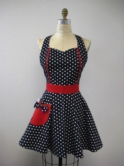 Polka Dot Retro Apron Black White and Red MAGGIE