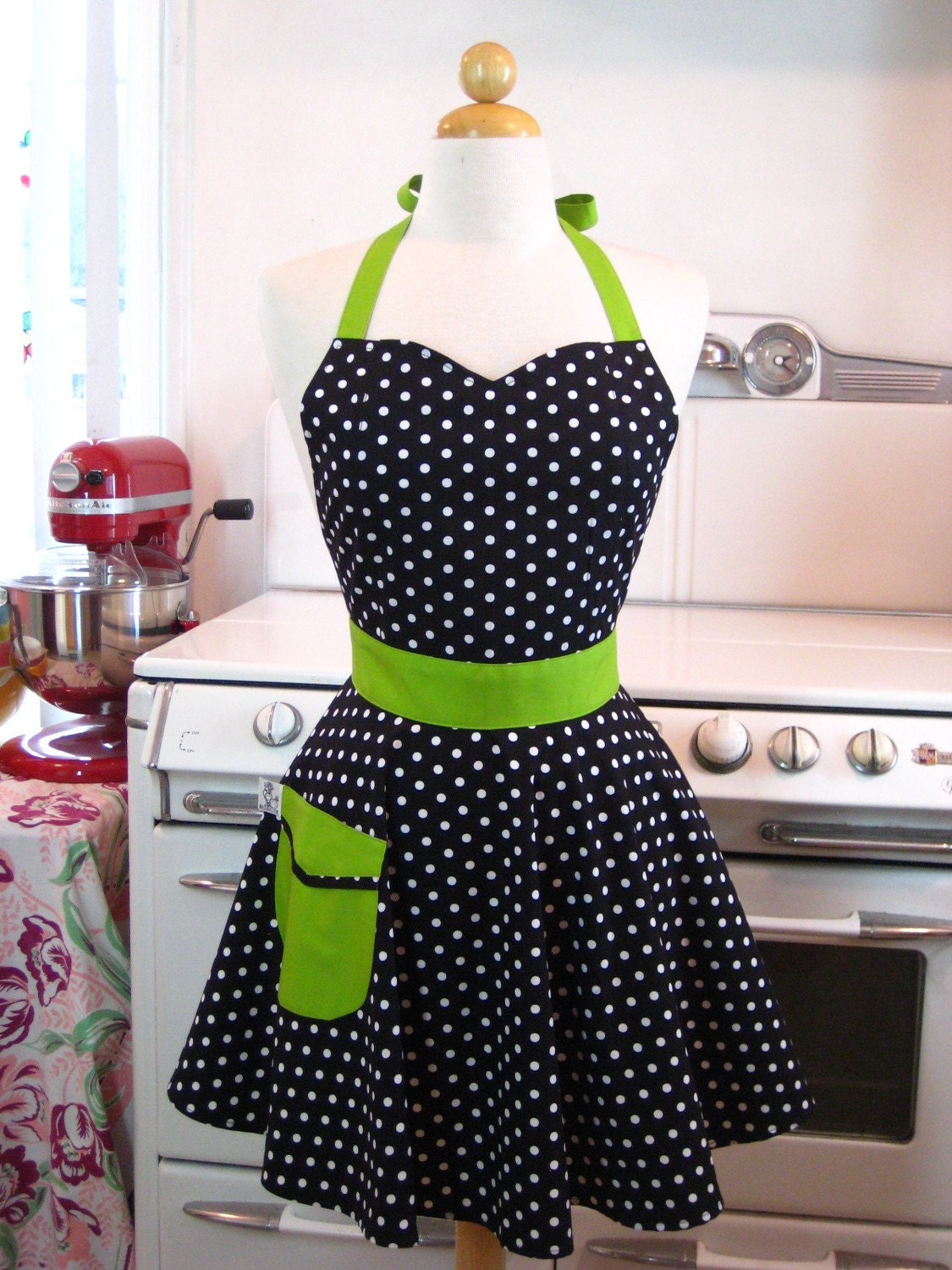 Retro Full Apron Sweetheart Neckline Black and White Polka Dot with Lime Green BELLA